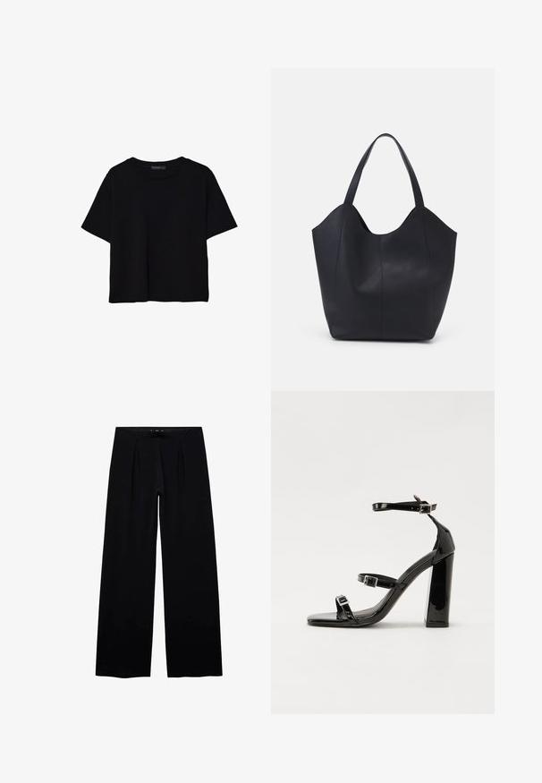 Črna kratkotrajna majica brez rokavov iz bombaža. Ima okroglo ovratnico in sproščen kroj z gladko, enostavno teksturo. Brez vidnih vzorcev ali dodatkov.; Črne široke hlače z gladko teksturo, dvema sprednjima drapirama in elastičnim pasom za udobje. Brez vidne kovinske opreme ali vzorcev.; Črne lakirane sandale s peto, kvadratnim prstom, trakovi okrog gležnja in srebrnimi zaponkami. Opremljene so s stabilno Debelo peto.; Črna torba v obliki tote iz gladke usnjene površine, ki ima ukrivljen odprt vrh z dvema naramnicama in minimalističnim dizajnom.
