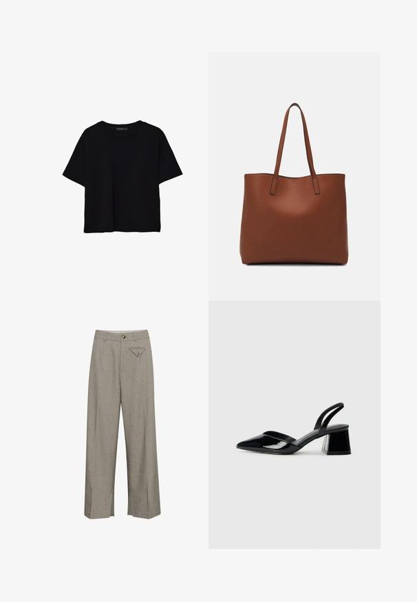 Zwart kortemouwen t-shirt van katoen. Heeft een ronde hals en een losse pasvorm met een gladde, egaal textuur. Geen zichtbare patronen of accenten.; Lange wijde broek in lichtgrijze stof, met een sluiting aan de voorkant met een knop, twee zijzakken en een decoratieve ruitvormige achterzak.; Zwarte gepatineerde leren slingback hakken met een spitse neus en een geometrische blokhak. Kenmerkt zich door een slank, minimalistisch ontwerp en een gladde textuur.; Bruine leren tote bag met een gladde textuur, een ontwerp met een open bovenkant en twee schouderbanden. Kenmerkt zich door minimale stiksels en geen zichtbare hardware.