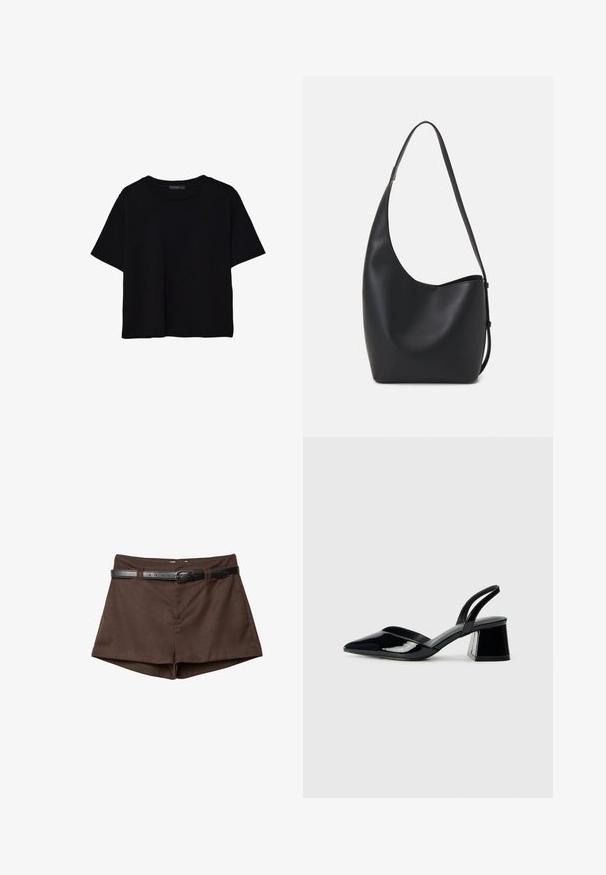 Sort kortærmet T-shirt lavet af bomuld. Har rund hals og en løs pasform med en glat, ensfarvet tekstur. Ingen synlige mønstre eller detaljer.; Brune skræddersyede shorts med et slankt sort bælte trængt gennem bæltesløjfer, præsenteret på en hvid baggrund.; Sorte patentlæder slingback hæle med spids tå og en geometrisk blok hæl. Har et elegant, minimalistisk design og en glat tekstur.; Sort læder hobo taske med en glat overflade, buet form og en enkelt justerbar rem; har en bred åbning øverst.