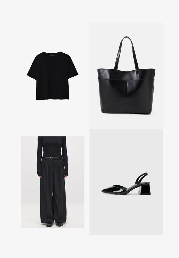 Čierne tričko s krátkym rukávom vyrobené z bavlny. Má okrúhly výstrih a voľný strih s hladkou, jednofarebnou textúrou. Žiadne viditeľné vzory ani akcenty.; Čierny rebrovaný top s dlhým rukávom v kombinácii s čiernymi nohavicami s vysokým pásom a širokými nohavicami, doplnený úzkym čiernym opaskom a lesklými topánkami.; Čierne lakované kožené sandálové podpätky s špicatou špičkou a geometrickým blokovým podpätkom. Disponujú elegantným, minimalistickým dizajnom a hladkým povrchom.; Čierna kožená tote taška s dvoma dlhými rúčkami, hladkým povrchom a štruktúrovaným tvarom. Obsahuje prednú kapsu pre dodatočné uskladnenie.