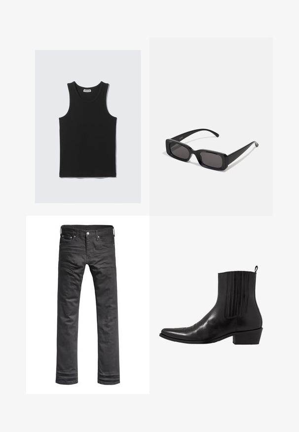 Camisola de alças preta em algodão com uma textura canelada, apresentando um decote redondo e cavas largas. Etiqueta visível na gola.; Calças de ganga pretas com um design clássico de perna reta. Apresentam bolsos frontais, fecho de botão e detalhes de costura discretos.; Bota de tornozelo em couro preto com bico fino, painéis laterais elásticos, detalhes de costura vertical e um salto bloco baixo.; Óculos de sol retangulares pretos com lentes escuras, acabamento brilhante, braços largos e um design de armação robusto. Nome da marca gravado em um dos braços.; Gravata de seda bordeaux, de forma estreita e com uma textura sólida. Apresenta uma ponta afiada, cor consistente e acabamento liso.