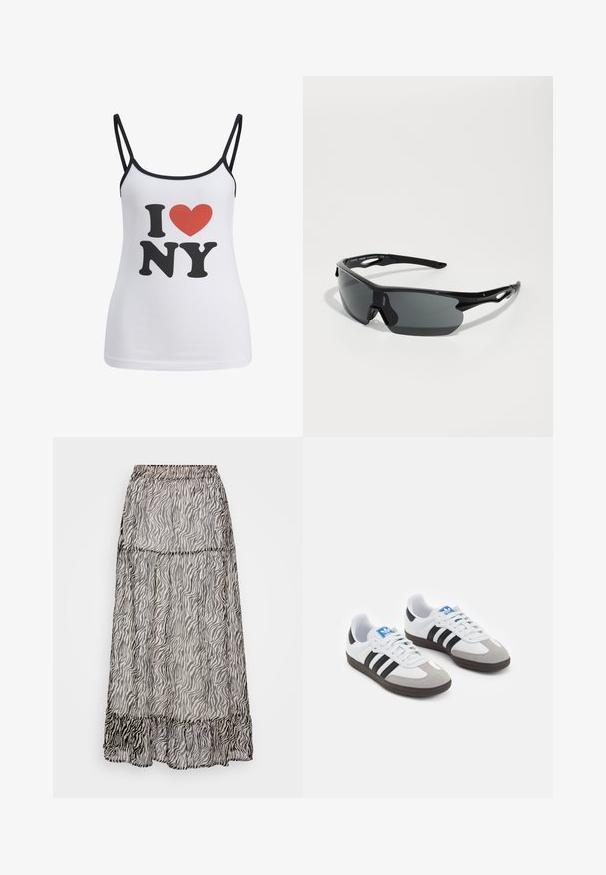 Top alb cu bretele subțiri negre, având un mare text negru "I" și "NY", și un grafic roșu în formă de inimă între acestea.; Fustă lungă, transparentă, cu un model în dungi de zebră în nuanțe de negru și gri. Talie elastică cu un tiv volănaș la baza fustei. Material ușor.; Încălțăminte sport cu un superior din piele albă, vârf din suede gri și trei dungi negre. Prezintă un logo albastru pe limbă și o talpă din cauciuc texturat.; Ochelari de soare sport negri, cu lentile curbate, cadru din plastic ușor și temples texturate. Design elegant cu piesă de nas integrată.; Geantă din piele împletiță neagră, cu un design lejer, prezentând o curea legată și un mic stud decorativ de culoare aurie în partea de sus.