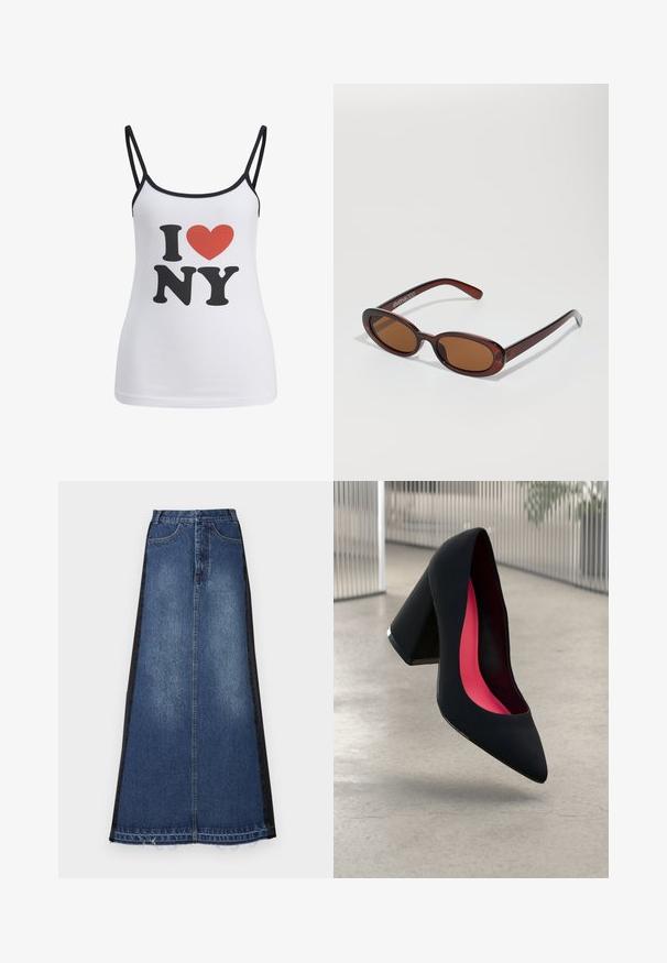 White tank top with thin black straps featuring a large black "I" and "NY" text, and a red heart graphic between them.; Denim maxi skirt featuring a blue main body and black side panels, with a straight fit, frayed hem, and classic five-pocket design.; Black high heel shoe with a pointed toe, textured surface, and a vibrant pink interior. Features a chunky heel with silver accent.; Round, brown-tinted sunglasses with a glossy burgundy frame. Slim arms with subtle branding detail. Flat lens design.; Brown faux leather shoulder bag with curved shape, minimal stitching, and a gold-tone hardware accent. Features a top zipper closure and adjustable strap.