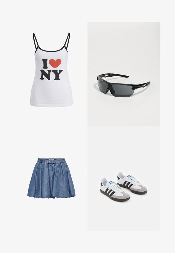 Valkoinen toppi ohutmustilla olkaimilla, jossa on suuri musta "I" ja "NY" -teksti sekä punainen sydänkuvio niiden välissä.; Kankaan hame, jossa on joustava vyötärö, levenevä muotoilu ja vaaleansininen väri. Ominaisuuksiin kuuluu sileä pinta ja poimutettu kangas.; Urheilukengät, joissa on valkoinen nahkainen päällinen, harmaa mokkanokka ja kolme mustaa raitaa. Ominaisuuksina sininen logo kielekkeessä ja kuvioitu kumipohja.; Mustat urheilulasit kaarevilla linsseillä, kevyestä muovista valmistettu kehys ja teksturoidut tempurit. Tyylikäs muotoilu integroidulla nenäosalla.; Musta kudottu nahkabag, jossa on rento muotoilu, ja jossa on solmittu hihna sekä pieni koristeellinen kultatappi ylhäällä.