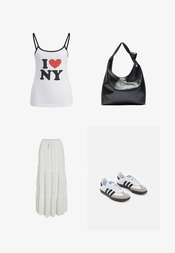 Bela majica brez rokavov s tankimi črnimi naramnicami, ki prikazuje veliko črno črko "I" in "NY", ter rdeče srce med njima.; VILA VIMESA - Dolgo krilo - cloud dancer; Športni čevlji z belim usnjenim zgornjim delom, sivim semišem na prstih in tremi črnimi črtami. Imajo modro logo na jeziku in teksturiran gumijast podplat.; Črna torbica iz pletene usnje s sproščenim dizajnom, ki ima vozel na traku in majhno dekorativno zlatno zakovico na vrhu.