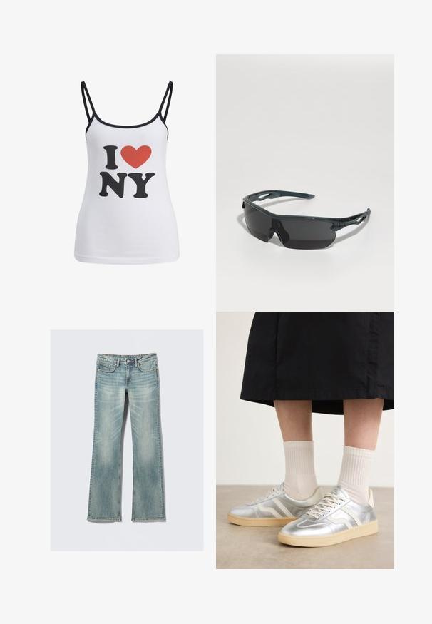 Bijela majica bez rukava s tankim crnim trakama koja prikazuje veliki crni natpis "I" i "NY", te crveni grafički prikaz srca između njih.; Svijetloplave traperice s blagim izblijedjeljem, pet džepova, kopčanje na gumb i ravne nogavice na bijeloj pozadini.; Srebrne sintetičke tenisice s bijelim prugama, kremastu potplatu i teksturiranu površinu; uparene s laganim rebrastim čarapama i crnom suknjom.; Naočale za sunce s tamnim staklima, elegantan dizajn koji se obavija oko lica, prilagodljive jastučiće za nos i gumene naglaske na okovima za bolji zahvat.; Crna torba od pletene kože sa opuštenim dizajnom, koja ima čvorasti remen i mali dekorativni zlatni čavlić na vrhu.