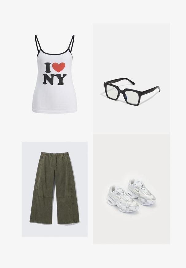 Hvid top med tynde sorte stropper, der har en stor sort "I" og "NY" tekst samt et rødt hjerte grafik imellem.; Bredde benbukser i olivengrønt stof med elastisk talje, synlige sømme og en afslappet pasform med sideseams.; Hvide atletiske sko med en mesh-overdel og sølvfarvede accenter, en unik form og luftdæmpning i hælen. Snørebåndsdesign med logo.; Sorte firkantede solbriller med mat finish, udstyret med transparente linser og en svag blå nuance på den ene side. Robust, vinkelret design.