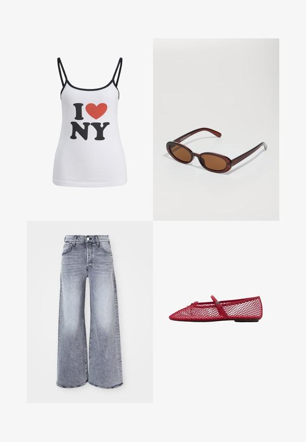 White tank top with thin black straps featuring a large black "I" and "NY" text, and a red heart graphic between them.; Light gray wide-leg jeans made of denim, featuring a high waist, button closure, and subtle fading with a raw hem at the legs.; Red mesh ballet flats with a pointed toe, featuring a thin strap and buckle detail. The upper has an open, honeycomb pattern.; Round, brown-tinted sunglasses with a glossy burgundy frame. Slim arms with subtle branding detail. Flat lens design.