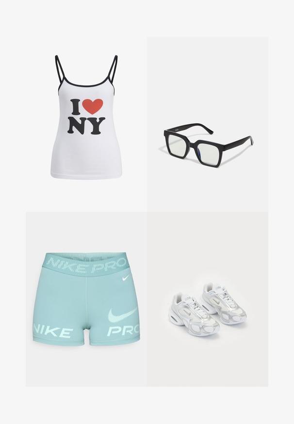 Biały top na ramiączkach z cienkimi czarnymi paskami, na którym znajduje się duży czarny napis "I" i "NY", a między nimi czerwona grafika serca.; Jasnoniebieskie damskie szorty wykonane z elastycznej tkaniny, z szerokim pasem na gumkę z białym napisem "NIKE PRO" oraz logo.; Białe buty sportowe z siateczkową górą i srebrnymi akcentami, o unikalnym kształcie i poduszce powietrznej w pięcie. Wiązany design z logo.; Czarne okulary przeciwsłoneczne w matowym wykończeniu, z przezroczystymi soczewkami i lekko niebieskim odcieniem z jednej strony. Solidny, kanciasty design.; Czarna skórzana torebka o zaokrąglonym kształcie, z regulowanym paskiem, dwoma przednimi kieszeniami i akcentami w kolorze srebrnym. Zawiera centralny detal z klamrą.