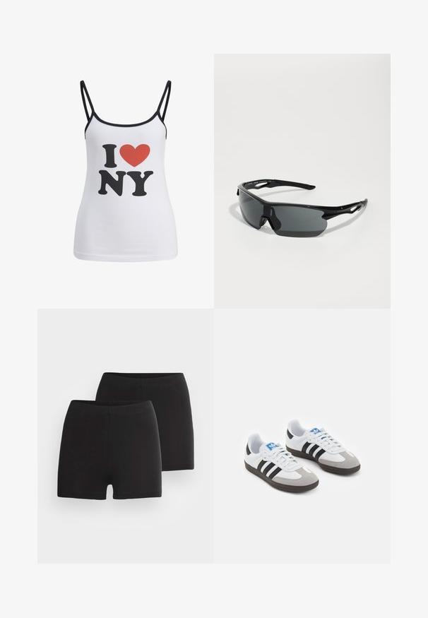 Biely top s tenkými čiernymi ramienkami so veľkým čiernym textom "I" a "NY", a červeným srdiečkom medzi nimi.; Čierne bavlnené šortky s hladkou textúrou, vybavené širokým elastickým pásom a priliehavým strihom. Zobrazené sú dva kusy.; Športové topánky s bielym koženým zvrškom, šedou semišovou špičkou a tromi čiernymi pruhmi. Obsahujú modré logo na jazyku a štruktúrovanú gumovú podrážku.; Čierne športové slnečné okuliare s zakrivenými šošovkami, ľahký plastový rám a štruktúrované ramienka. Hladký dizajn s integrovaným nosovým mostíkom.; Čierna tkaná kožená kabelka s voľným dizajnom, vybavená uzlovou rukoväťou a malým dekoratívnym zlatým nýtom na vrchu.