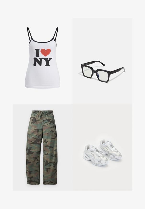 Biały top na ramiączkach z cienkimi czarnymi paskami, na którym znajduje się duży czarny napis "I" i "NY", a między nimi czerwona grafika serca.; GAP BARREL zielony; Białe buty sportowe z siateczkową górą i srebrnymi akcentami, o unikalnym kształcie i poduszce powietrznej w pięcie. Wiązany design z logo.; Czarne okulary przeciwsłoneczne w matowym wykończeniu, z przezroczystymi soczewkami i lekko niebieskim odcieniem z jednej strony. Solidny, kanciasty design.