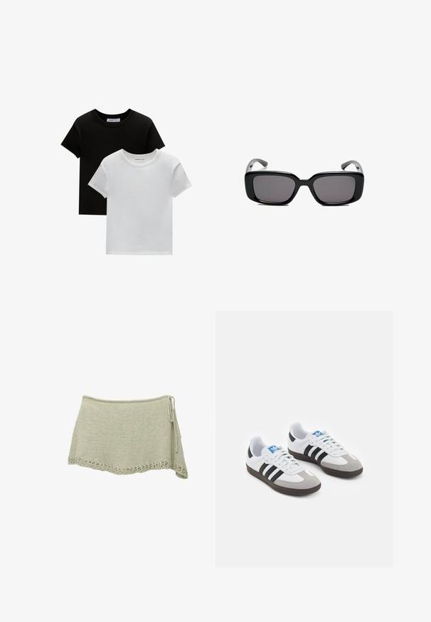 Kaksi crew-neck t-paitaa mustana ja valkoisena, valmistettu puuvillasta. Ne sisältävät lyhyet hihat ja yksivärisen muotoilun ilman kuvioita tai korostuksia.; Neulehame vaaleanvihreänä, jossa on kerroksittain leikattu pitsihelma, säädettävä nauha sivulla ja teksturoitu kangas.; Urheilukengät, joissa on valkoinen nahkainen päällinen, harmaa mokkanokka ja kolme mustaa raitaa. Ominaisuuksina sininen logo kielekkeessä ja kuvioitu kumipohja.; Mustat suorakulmaiset aurinkolasit tummilla linsseillä, sileä muovikehys ja kaarevat templet. Suunnittelu on jykevä ja minimalistinen.