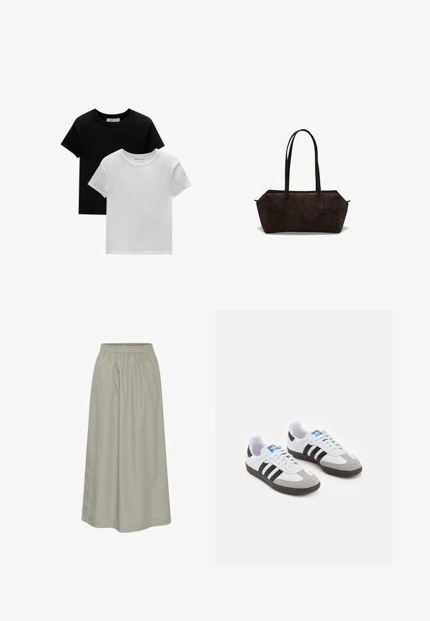Dwie koszulki z okrągłym dekoltem w kolorze czarnym i białym, wykonane z bawełny. Posiadają krótkie rękawy i jednolity kolor bez wzorów czy akcentów.; Jasnozielona spódnica do kolan z miękkiego materiału, z elastycznym pasem, z marszczoną konstrukcją i dyskretnymi detalami szwów.; Buty sportowe z białą skórzaną cholewką, szarym zamszowym noskiem i trzema czarnymi paskami. Posiadają niebieskie logo na języku oraz teksturowaną gumową podeszwę.; Ciemnobrązowa torebka z zamszu o wydłużonych uchwytach, strukturalnym prostokątnym kształcie i gładkiej fakturze. Posiada skośne szwy po bokach i brak widocznych metalowych elementów.