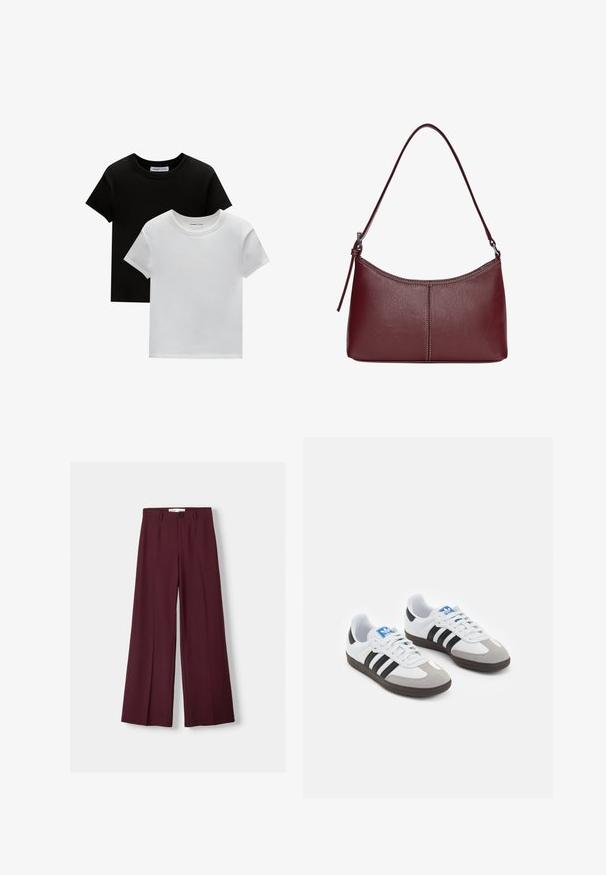 Dva majice s okruglim izrezom, u crnoj i bijeloj boji, od pamuka. Imaju kratke rukave i jednobojni dizajn bez uzoraka ili akcenta.; Bordo široke hlače napravljene od glatkog materijala, s prednjim zatvaranjem na dugme i čistim plisama za prilagođen izgled.; Sportske cipele s gornjištem od bijele kože, sivi suedinasti nos i tri crne pruge. Imaju plavi logo na jeziku i teksturiranu gumenu podlogu.; Bordo kožna torba s zakrivljenim oblikom, jednim remenom za rame i šivenim detaljima na sredini. Glatka tekstura, minimalni dodaci.