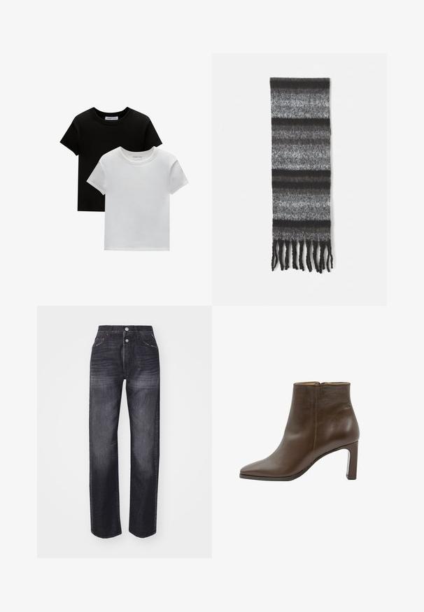 Dvě trička s kulatým výstřihem v černé a bílé barvě, vyrobená z bavlny. Mají krátké rukávy a jednobarevný design bez vzorů nebo akcentů.; Tmavé džíny s vysokým pasem, rovný střih nohavic, design se pěti kapsami a detaily z kovových knoflíků. Na látce je vybledlý vzor.; Hnědá kožená kotníková bota se špičatou špičkou, blokovým podpatkem a bočním zipem, umístěná na bílém pozadí.; Šedý pruhovaný šál s různými odstíny šedé, s jemnou texturou a třepenými okraji pro uvolněný vzhled.