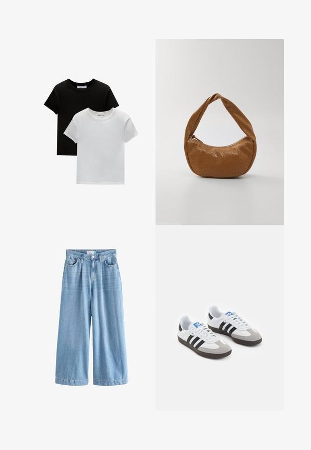 Dvě trička s kulatým výstřihem v černé a bílé barvě, vyrobená z bavlny. Mají krátké rukávy a jednobarevný design bez vzorů nebo akcentů.; Světle modré denimové palazzo džíny s širokými nohavicemi, vysokým pasem, předními kapsami a zapínáním na knoflík. Jemná vybledlá textura.; Sportovní boty s bílým koženým svrškem, šedou semišovou špičkou a třemi černými pruhy. Obsahují modré logo na jazyku a texturovanou gumovou podrážku.; Tkaná kožená kabelka v hnědé barvě, oválného tvaru s širokým copánkovým uchem, vybavená zipovým uzavíráním a lesklou texturou.