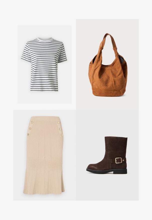 Tricou din bumbac alb cu dungi orizontale negre, mâneci scurte și un decolteu rotund. Textură netedă cu o croială casual.; Fustă creion tricotată în bej, cu dungi verticale, ce prezintă un tiv evazat și nasturi cu marcaj auriu pe lateral pentru un plus de detaliu.; Botină din suede maro până la gleznă, cu vârf rotund, talpă neagră plată și accent cu cataramă aurie pe lateral. Textură netedă și design simplu.; Geantă de umăr din suede maro, cu o textură moale, formă curbată și două mânere. Prezintă un design minimalist, fără hardware sau accente vizibile.