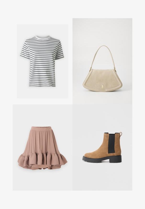 Weißes Baumwoll-T-Shirt mit horizontalen schwarzen Streifen, kurzen Ärmeln und Rundhalsausschnitt. Glatte Textur mit lässiger Passform.; Helles braune knieumspielende Rock aus weichem Stoff, mit breitem Bund und einem ausgestellten, geschichteten Volantsaum. Glatte Textur über die gesamte Fläche.; Braune Wildleder-Stiefelette mit schwarzer elastischer Seitenpartie, robuster schwarzer Sohle, Zugschlaufe hinten und geprägtem "cK"-Logo Nähe des Knöchels.; Beige Wildleder-Handtasche mit einer abgerundeten dreieckigen Form, einem einzelnen Riemen und einem goldfarbenen Hardware-Detail auf der Vorderseite.