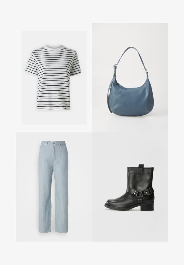 White cotton t-shirt with horizontal black stripes, short sleeves, and a crew neck design. Smooth texture with a casual fit.; Light blue straight-leg jeans made of denim. Features five pockets, a metal button closure, and subtle whiskering for texture.; Samsøe Samsøe SABRENTA - Cowboy/biker ankle boot - black; Blue leather handbag with a rounded shape, single shoulder strap, zip closure, and embossed brand name on the front. Smooth texture.