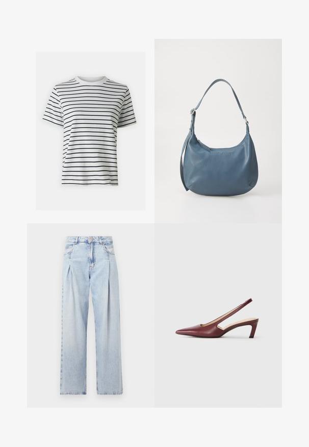 T-shirt bianco in cotone con righe nere orizzontali, maniche corte e design a girocollo. Texture liscia con una vestibilità casual.; Jeans in denim azzurro chiaro con vita alta, taglio a gamba larga, due tasche laterali e design plissettato. Texture morbida con una finitura sbiadita.; Tacchi slingback bordeaux con punta affusolata, dettagli a intaglio sui lati e tacco blocco di altezza intermedia. Finitura in pelle liscia.; Borsa in pelle blu dalla forma arrotondata, con una sola tracolla, chiusura con zip e nome del marchio in rilievo sulla parte anteriore. Texture liscia.