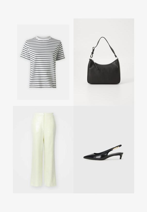 White cotton t-shirt with horizontal black stripes, short sleeves, and a crew neck design. Smooth texture with a casual fit.; Light yellow, sequined trousers with a wide-leg silhouette, featuring a smooth texture and a discreet back zipper for closure.; Black leather slingback heels with a pointed toe, featuring a slim heel and a gold-tone accent on the adjustable strap. Smooth texture.; Black leather handbag with a curved shape, a single strap, zip closure, and subtle branding on the front. Smooth texture, minimalist design.; Silver hoop earrings with a sleek, polished finish. They feature a simple, round design and a secure post-back closure.