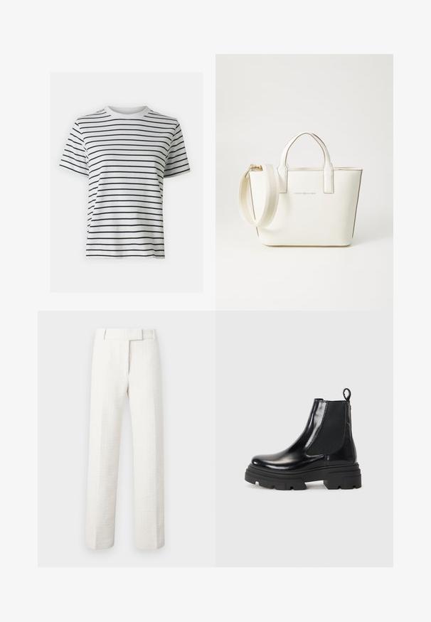 T-shirt branca de algodão com riscas pretas horizontais, mangas curtas e design de colo redondo. Textura suave com um ajuste descontraído.; Calças brancas, ajustadas, com um tecido texturado. Apresentam perna reta e passantes para cinto, desenhadas com uma silhueta limpa e minimalista.; Botas de tornozelo em couro preto com um design elegante, painéis laterais elásticos e uma sola robusta preta. Possui uma alça na parte de trás para facilitar o calçar.; Bolsa de mão em imitação de couro branco, com alças curtas, alça de ombro ajustável e acabamentos em tom dourado; apresenta um logo discreto na parte da frente.