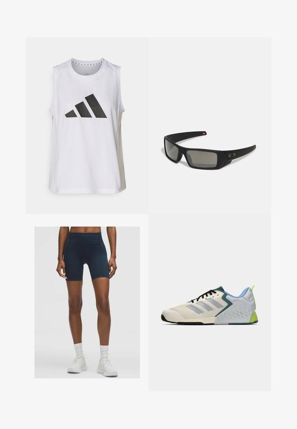Balts bez piedurknēm sporta tops ar apaļu kakla izgriezumu, uz kura priekšpuses ir liels melns Adidas logo, kas sastāv no trim svītrām.; Augstas jostas līmeņa tumši zili sporta šorti, izgatavoti no elastīga auduma, ar gludu tekstūru un šuvju detalizāciju. Apvienoti ar baltām sporta apavām.; Vieglie sporta apavi ar krēmkrāsas sietu augšdaļu, pelēkām svītrām, zaļu akcentu un teksturētu zilu papēdi. Melni šņorēšanas stieple.; Melni saulesbrilles ar matētu apdari, taisnstūra lēcām, nedaudz izliektiem tempļiem, smalkiem logotipa elementiem un dūmu nokrāsas lēcām.