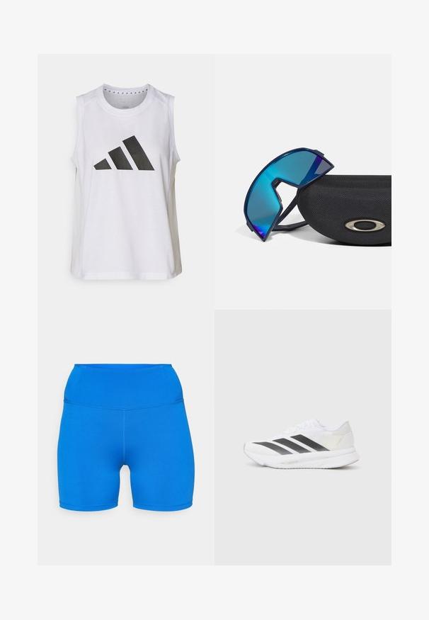 Fehér ujjatlan sportpóló kerek nyakkivágással, amelyen elöl egy nagy fekete Adidas-logo található, amely három csíkból áll.; Kék sportnadrág, rugalmas, lélegző anyagból készült. Magas derék és varrat nélküli dizájn jellemzi, ami ideális a kényelem és a mozgás szempontjából.; Fehér sportcipő fekete átlós csíkokkal, hálós felsőrésszel, lekerekített orral és texturált talppal. A kiegészítők között szerepel egy ezüst sarok és minimalista dizájn.; Kék árnyalatú, sportos kialakítású, körbeíró napszemüveg egy texturált fekete tokon, melyen fémes logó akcentus található.