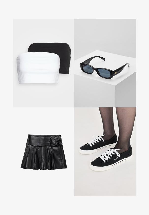 Two strapless crop tops in black and white, made from stretchy cotton fabric. Smooth texture with a simple design and no visible seams.; Black leather skirt with pleats, wide waistband, and two buckle accents on the side. Smooth texture with a glossy finish.; Black canvas sneakers with white laces, white rubber soles, and side stripe accents. Features a logo on the outer sides.; Black rectangular sunglasses with tinted blue lenses, thick frames, and a gold circular accent on the side. Sleek, shiny finish.; Burgundy handbag made of synthetic material with a structured design, featuring a detachable strap and a floral-patterned scarf tied to the handle.