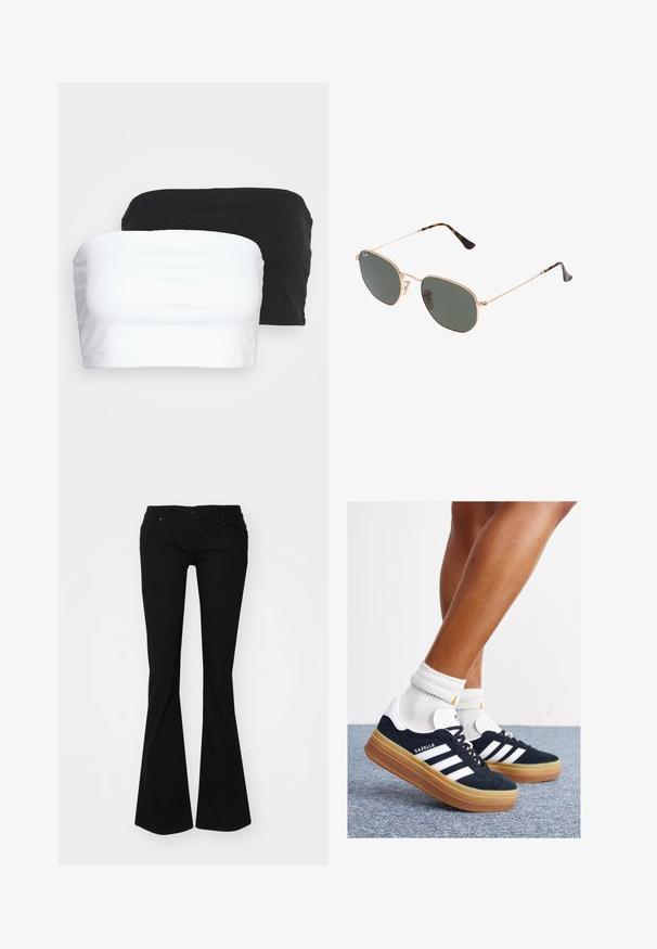 Dos tops cortos sin tirantes en negro y blanco, hechos de una tela de algodón elástico. Textura suave con un diseño sencillo y sin costuras visibles.; Jeans negros de corte acampanado fabricados en denim, con cremallera, cinco bolsillos y una cintura ajustada que se amplía hacia un dobladillo acampanado en los tobillos.; Zapatillas deportivas de gamuza negra con rayas y detalles blancos, puntera redondeada, suela de goma color caramelo, combinadas con calcetines blancos acanalados a la altura del tobillo.; Gafas de sol de metal dorado con lentes verde oscuro, estilo aviador, con patillas delgadas y acentos de carey en los extremos.
