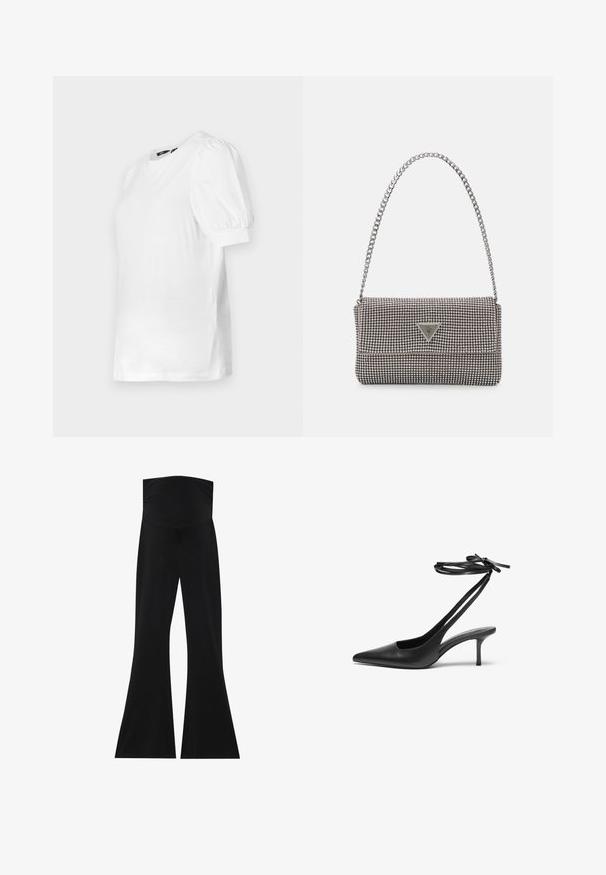 T-shirt branca de manga curta com gola redonda e mangas bufantes, feita de tecido macio, com bainha reta e fendas laterais.; Calças pretas largas com uma cintura alta, feitas de um tecido elástico. Apresentam uma textura suave e um design simples e minimalista.; Shoe stileto de couro preto com bico fino, parte traseira aberta e tiras de tornozelo atadas em um laço. Salto fino de 7,5 cm. Textura suave, design minimalista.; Bolsa metálica cinza claro com uma alça de corrente, adornada com pequenos rebites metálicos circulares e um logótipo triangular da marca.