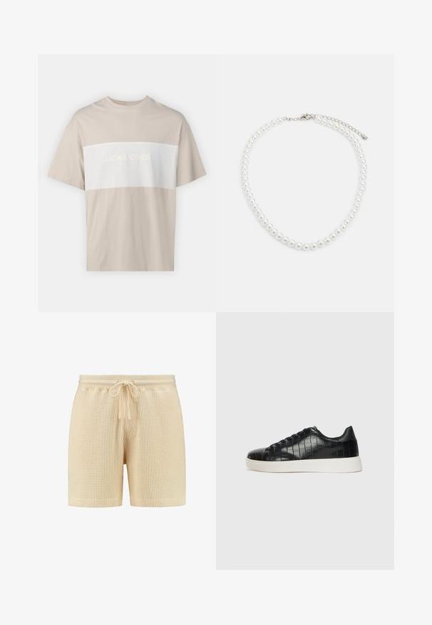Beżowa bawełniana koszulka z krótkim rękawem z białą poziomą wstawką z wytłoczonym napisem "JACK & JONES ESSENTIALS WORLDWIDE".; Beżowe szorty z dzianiny waffle z elastycznym pasem, sznurkiem do regulacji i luźnym krojem. Prosty design bez wzorów i dodatkowych akcentów.; Czarne sneakersy z teksturowaną cholewką ze skóry z tłoczeniem w kształcie krokodyla, okrągłym noskiem oraz kontrastującą białą gumową podeszwą o gładkim wykończeniu.; Biała perłowa naszyjnik o jednolitym, okrągłym kształcie, gładkiej powierzchni oraz metalowym zapięciu z przedłużanym łańcuszkiem dla regulowanej długości.