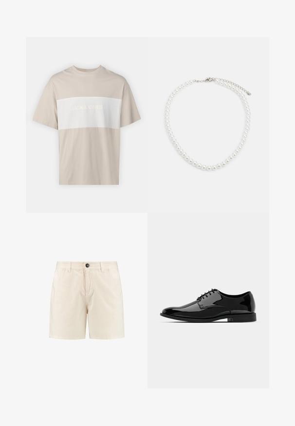 Beige katoenen T-shirt met een witte horizontale strook waarop in reliëflettertype de tekst "JACK & JONES ESSENTIALS WORLDWIDE" staat. Korte mouwen.; Beige katoenen shorts met een knoopsluiting, elastische tailleband en zijzakken. Eenvoudig ontwerp met een rechte snit en zonder zichtbare patronen.; Zwarte gepatineerde leren jurkchoenen met een ronde neus, vetersluiting en een glad, glanzend oppervlak. Voorzien van een laagprofiel rubberen zool.; Witte parelketting met een uniforme ronde vorm, gladde oppervlakte en een metalen sluiting met een uitbreidingsketting voor verstelbare lengte.