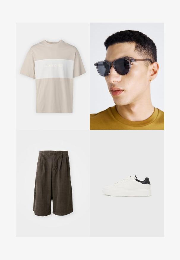 Beige bomull t-skjorte med en hvit horisontal panel med teksten "JACK & JONES ESSENTIALS WORLDWIDE" i hevet skrift. Korte ermer.; Brune striped shorts med løs passform. Laget av lett stoff, med folder og oppbrettede nederkanter for ekstra detaljer.; Hvit lær sneaker med preget mønster, teksturert hvit mellomsole og svart hælakkent. Har rund tå og flate lisser.; Gråtonede runde solbriller med en gennemsigtig ramme, der har mørke linser og tynde, slanke stænger. Båret af en person med kort krøllet hår.