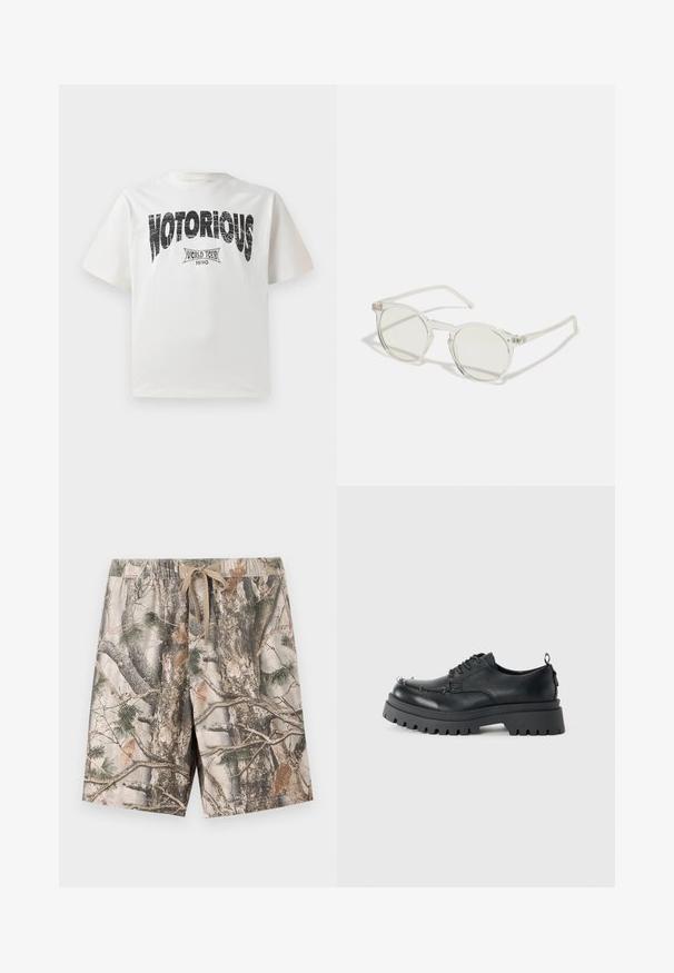 Witte katoenen T-shirt met korte mouwen, voorzien van grote zwarte "NOTORIOUS" grafische tekst en het ontwerp "WORLD TOUR 1990" eronder in verweerd druk.; korte broek met camouflagemotief gemaakt van lichtgewicht stof; heeft een elastische tailleband met trekkoord; kleuren zijn beige, bruin en groen.; Zwarte chunky leren veterschoen met dikke robuuste zool en metalen oogjes op de neus, gefotografeerd tegen een effen lichte achtergrond.; Ronde zonnebrillen met een transparante montuur, lichtgroene lenzen en dunne, transparante pootjes. Bevat subtiele hardware-accenten op het montuur.
