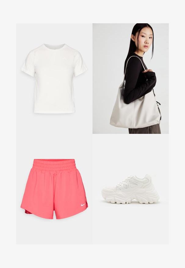 Leichtes weißes T-Shirt mit kurzen Ärmeln, Rundhalsausschnitt und einem kleinen Logo in der oberen linken Ecke. Glatte Stoffoberfläche mit leichtem Glanz.; Nike Performance ONE - Kurze Sporthose - aster pink/silver; Weiße klobige Sneakers mit strukturiertem Obermaterial, Mesh-Einsätzen und dicken Gummisohlen mit markantem Profil. Inklusive Schnürsenkeln und Zuglasche.; Beige Handtasche aus weichem Material, mit einem lässigen Design, gesteppten Details und zwei Schulterriemen. Geeignet für den täglichen Gebrauch.