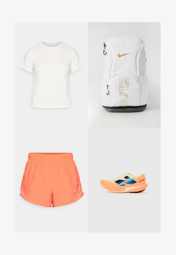 Viegls balts T-krekls ar īsām piedurknēm, apaļu kaklu un mazu logo augšējā kreisajā stūrī. Gluda auduma faktūra ar maigu spīdumu.; Koraļļu Nike šorti ir ar elastīgu jostasvietu, sānu šķēlumiem ērtai kustībai un mazu sudraba logo apakšējā labajā stūrī. Gluda, viegla auduma.; Skriešanas apavi ar vieglu krēmkrāsas augšdaļu, zilu zīmolu un oranžiem akcents uz zoles. Acu tekstūra gaisa caurlaidībai.; Nike mugursoma baltā krāsā ar zelta logotipu un „ELITE” tekstu, ar rāvējslēdzēja aizdarēm, sieta sānu kabatām un melnu apakšdaļu. Gluda virsma.