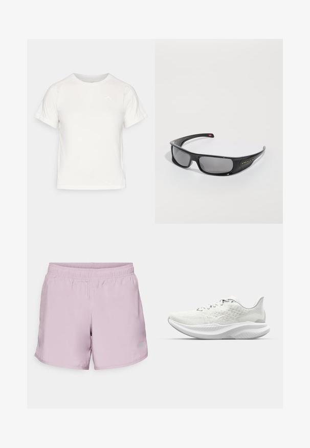 Ελαφρύ λευκό T-shirt με κοντά μανίκια, στρογγυλή λαιμόκοψη και ένα μικρό λογότυπο στην επάνω αριστερή γωνία. Απαλή υφή με διακριτική γυαλάδα.; Αθλητικά σορτς σε ανοιχτό μωβ χρώμα με ελαστική μέση και διακριτική λεπτομέρεια λογότυπου στο κάτω αριστερό μέρος. Κατασκευασμένα από ένα λείο, ελαφρύ ύφασμα.; Λευκά αθλητικά παπούτσια με υφασμάτινη επιφάνεια, λαστιχένιο στυλ και μαλακή σόλα με κυματιστό προφίλ. Διακριτική σήμανση στο πλάι.; Μαύρα γυαλιά ηλίου Oakley τύπου wraparound με σκούρους ορθογώνιους φακούς και καμπύλους βραχίονες σε λευκό φόντο.