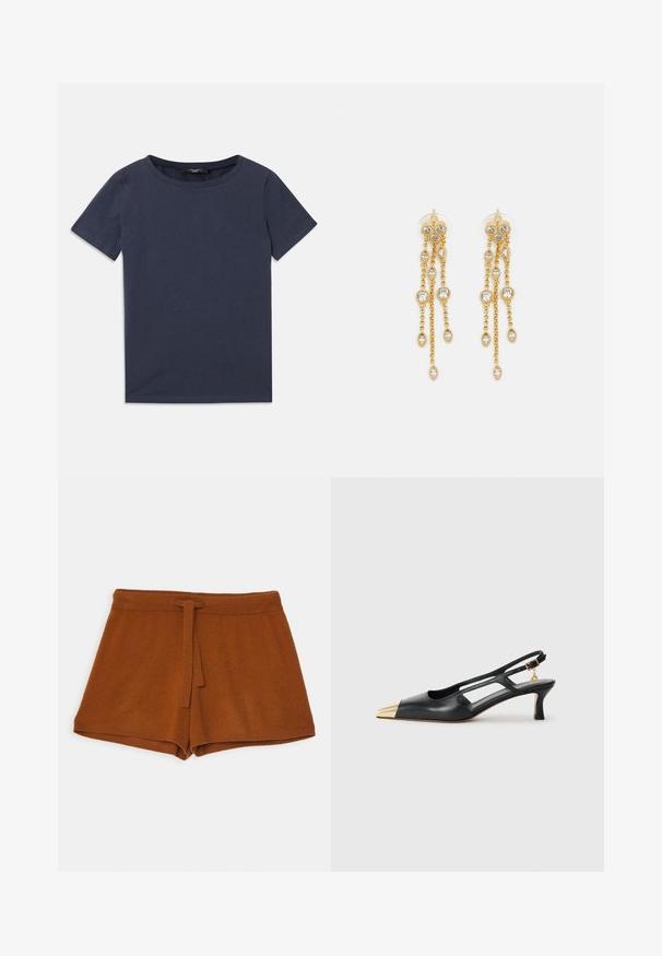 Marineblå t-skjorte med korte ermer laget av myk bomull. Har rund hals og et enkelt, rettsnitt design.; Brune strikkede shorts med knytterning i taljen, med en myk tekstur og et enkelt design. Nedkantet er ferdig med søm for holdbarhet.; Svarte skinn slingback-sko med spiss tå og gullmetallhette. Har utskjæringsdesign og en slank hæl med justerbar stropp.; Gullfargede øreringer med flere hengende kjeder, med klare ovale rhinestein aksenter og dekorative stud-topper.