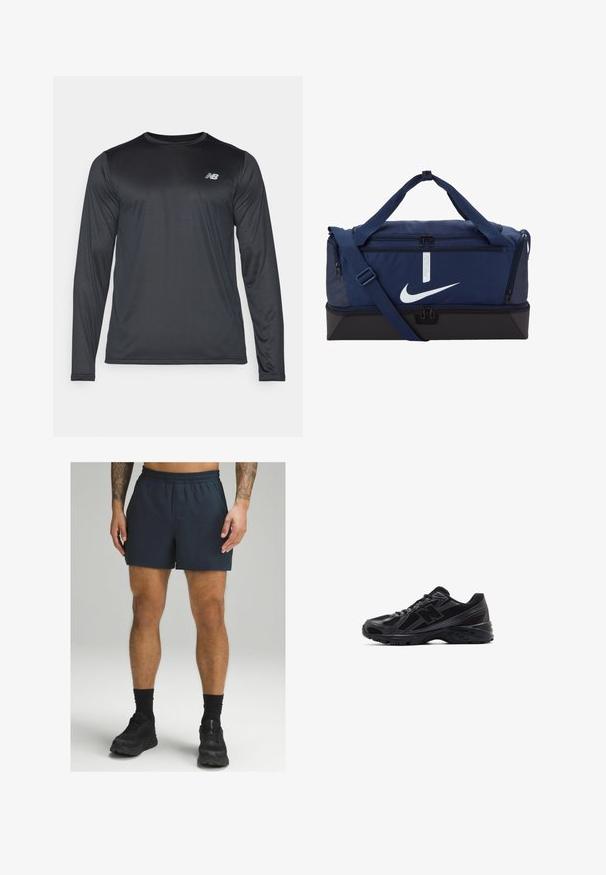 Schwarz, langärmliges Sportshirt aus glattem, leichtem Stoff mit subtiler Textur. Mit kleinem Logo auf der linken oberen Brust.; Marineblaue Sportshorts mit elastischem Bund, aus leichtem Material gefertigt. Glatte Textur und über-knielange Länge.; Schwarze Sportschuhe mit einem Obermaterial aus Mesh und synthetischen Überzügen, einer strukturierten Sohle und reflektierenden Akzenten für bessere Sichtbarkeit.; Navyblauer Duffelbag mit schwarzem Boden, verstellbarem Schultergurt, doppeltem Reißverschluss und prominentem weißen Nike-Swoosh-Logo auf der Vorderseite.