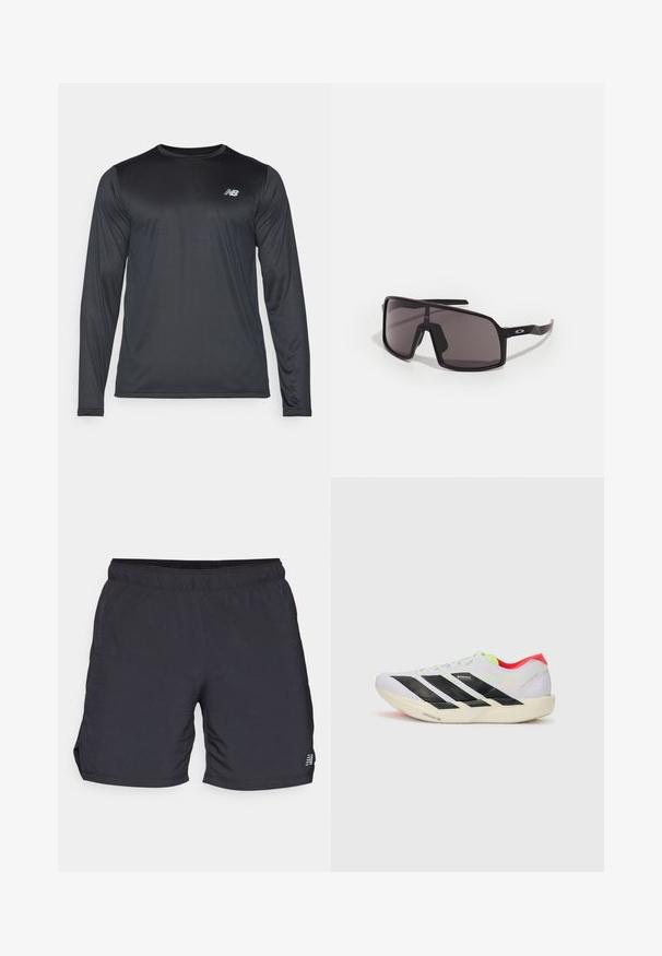 Camiseta atlética de manga larga en negro, hecha de una tela suave y ligera con una sutil textura. Presenta un pequeño logo en la parte superior izquierda del pecho.; Pantalones cortos deportivos negros fabricados en un tejido ligero, con una cinturilla elástica y aberturas laterales para mayor movilidad. Branding mínimo en el lado.; Zapatilla de running blanca con franjas negras, detalles en verde neón y un talón rojo. Presenta un diseño ligero y una suela texturizada para un mejor agarre.; Gafas de sol rectangulares negras con lentes oscuros, montura ancha y varillas negras y delgadas. Presenta un logo en las patillas. Textura suave.