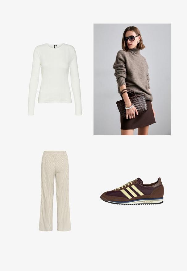 Biała koszula z długim rękawem i okrągłym dekoltem. Materiał ma teksturowany wzór z pionowymi liniami i ściągaczowymi detalami.; Jasno beżowe spodnie w paski o luźnym kroju, z elastycznym pasem i pionowymi liniami, które tworzą teksturowany wygląd.; Brązowe i burgundowe sneakersy wykonane z zamszu i siateczkowych materiałów, z trzema kremowymi paskami, teksturowanym materiałem na języku i gumową podeszwą.; DRAGON DIFFUSION GORA ciemnobrązowy