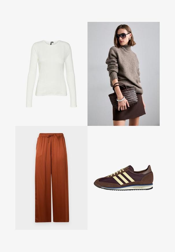 Bela srajca z dolgimi rokavi in okroglo ovratnikom. Tkanina ima teksturiran vzorec z navpičnimi črtami in rebrastimi podrobnostmi.; Hlače širokega kroja v bogati rjavi barvi, narejene iz gladkega materiala. Imajo elastičen pas s vrvico in stranske žepke.; Rjavi in rdeče-burgundske teniske iz usnja in mrežastega materiala, ki imajo tri smetane stripe, teksturirano blago na jeziku in gumijast podplat.; DRAGON DIFFUSION MINI FLAT GORA - Torbica - dark brown