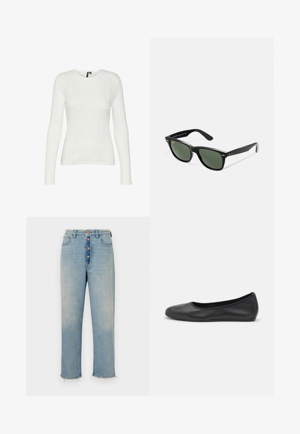 Bijela košulja dugih rukava s okruglim izrezom. Tkanina ima teksturirani uzorak s vertikalnim linijama i rebrastim detaljima.; Svijetloplavi traperice s visokim strukom, pet dugmadi i izrezanim rubom. Ima stražnje džepove i ležeran, ravni kroj.; Crne kožne baletanke s zaobljenim vrhom, glatke teksture, minimalnim detaljima šavova i fleksibilnim dizajnom potplata.; Crne plastične sunčane naočale s zelenim staklima, kvadratni okviri, srebrni naglasak na obrvi i teksturirane ručke. Naziv brenda naveden na unutrašnjoj strani ručke.; DRAGON DIFFUSION MINI FLAT GORA - Ručna torba - dark brown