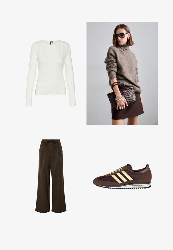 Balta ilgomis rankovėmis marškiniai su apvaliu iškirpimu. Audinys turi tekstūruotą raštą su vertikaliomis linijomis ir raukšlėtais akcentais.; Pieces Kelnės - delicioso; Rudi ir burgundiški sportbačiai, pagaminti iš suedės ir tinklinės medžiagos, su trimis grietinėlės spalvos juostelėmis, tekstūruota medžiaga ant liežuvėlio ir guminis padas.; DRAGON DIFFUSION MINI FLAT GORA - Rankinė - dark brown