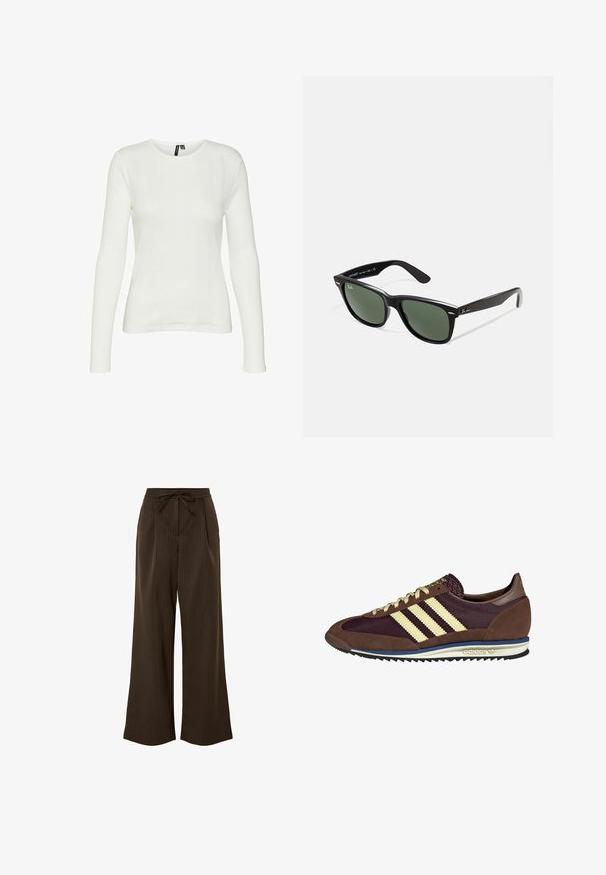 Bela srajca z dolgimi rokavi in okroglo ovratnikom. Tkanina ima teksturiran vzorec z navpičnimi črtami in rebrastimi podrobnostmi.; Pieces Hlače - delicioso; Rjavi in rdeče-burgundske teniske iz usnja in mrežastega materiala, ki imajo tri smetane stripe, teksturirano blago na jeziku in gumijast podplat.; Črne plastične sončna očala z zelenimi lečami, kvadratni okvirji, srebrni detajl na obrvi in teksturirani ročaji. Blagovna znamka navedena na notranji strani ročaja.; DRAGON DIFFUSION MINI FLAT GORA - Torbica - dark brown