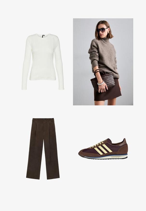 Witte lange mouwen shirt met een ronde hals. De stof heeft een gestructureerd patroon met verticale lijnen en ribbeldetails.; Bruine wijde broek van zacht materiaal, met een knoopsluiting in de taille, voorplooien en zijzakken. Gladde textuur en gestructureerde vorm.; Bruine en bordeauxkleurige sneaker van suede en mesh materiaal, met drie crèmekleurige strepen, een gemêleerd stof op de tong en een rubberen zool.; DRAGON DIFFUSION MINI FLAT GORA - Handtas - dark brown