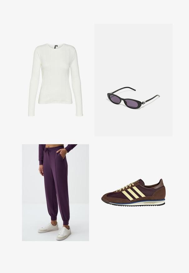 Weißes Langarmshirt mit rundem Halsausschnitt. Der Stoff hat ein strukturiertes Muster mit vertikalen Linien und gerippten Details.; Lila Jogginghose mit elastischem Bund und Bündchen, ausgestattet mit zwei Seitentaschen und einer glatten Textur. Kombiniert mit weißen Sneakers.; Braune und burgunderfarbene Sneaker aus Wildleder und Mesh-Materialien, mit drei cremefarbenen Streifen, strukturiertem Stoff an der Zunge und einer Gummisohle.; Gucci Sonnenbrille - black/grey