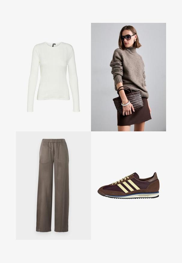 Weißes Langarmshirt mit rundem Halsausschnitt. Der Stoff hat ein strukturiertes Muster mit vertikalen Linien und gerippten Details.; Weite Hosen in Dunkelgrau, aus einem glatten Stoff gefertigt. Sie verfügen über einen elastischen Bund und ein lockeres Design für besonderen Komfort.; Braune und burgunderfarbene Sneaker aus Wildleder und Mesh-Materialien, mit drei cremefarbenen Streifen, strukturiertem Stoff an der Zunge und einer Gummisohle.; DRAGON DIFFUSION MINI FLAT GORA - Handtasche - dark brown
