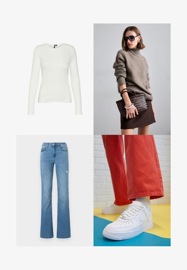 Cămașă albă cu mânecă lungă și decolteu rotund. Țesătura are un model texturat cu linii verticale și detalii din jerse.; Jeans evazați de culoare albastră deschisă, din denim, având o talie înaltă, cinci buzunare și detalii ușor deteriorate pe picioare.; Tenis alb din piele cu fanta pe vârful piciorului, talpă texturată și șireturi albe, purtat cu pantaloni larga roșii și un fundal albastru și galben.; DRAGON DIFFUSION MINI FLAT GORA - Geantă de mână - dark brown